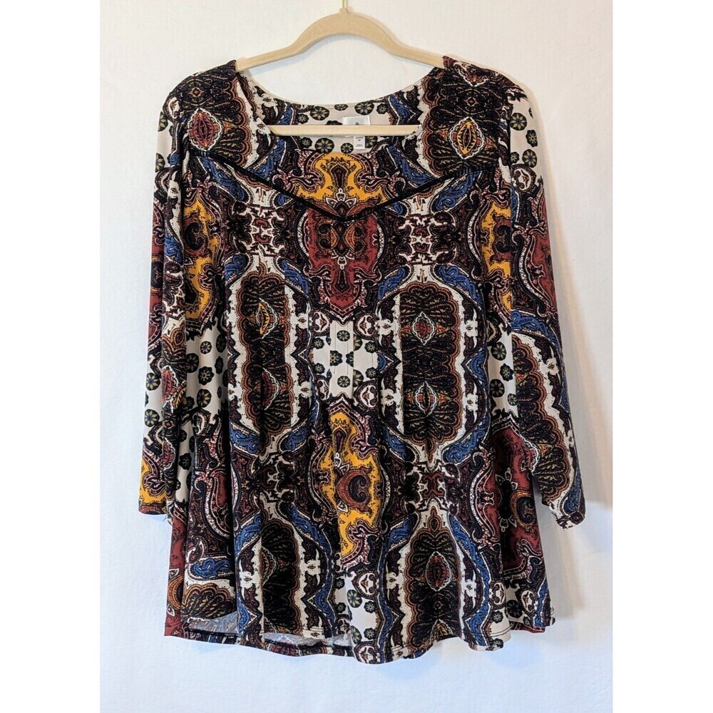 Dressbarn Plus Size 1X Boho Paisley Print Blouse 3/4 Sleeve
